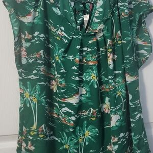 LC Lauren Conrad Tropical Print Green Blouse